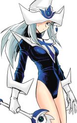 Rule 34 | 1girl, blue leotard, duel monster, gloves, grey hair, hat, holding, holding wand, koro0725, leotard, long hair, looking at viewer, one eye covered, silent magician, simple background, sleeved leotard, sweatdrop, wand, white background, white gloves, white hat, wizard hat, yu-gi-oh!
