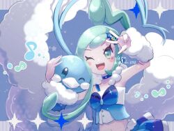 1girl ;d altaria arm_warmers asymmetrical_sidelocks blue_choker buttons choker commentary_request creatures_(company) eyelashes game_freak gen_3_pokemon green_eyes hands_up happy lisia_(pokemon) mido_(mido504) musical_note nintendo one_eye_closed open_mouth pokemon pokemon_(creature) pokemon_oras ponytail sidelocks smile teeth tongue upper_teeth_only vest w