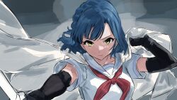 1girl arm_up black_gloves blue_hair bra cape closed_mouth cobwvmeti elbow_gloves floating_hair gloves highres idol_heroes_(idolmaster) idolmaster idolmaster_million_live! looking_at_viewer mighty_sailor nanao_yuriko neckerchief red_neckerchief sailor_collar school_uniform serafuku serious shirt short_hair short_sleeves solo underwear upper_body white_cape white_sailor_collar white_shirt yellow_eyes