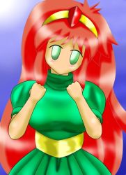 Rule 34 | 1girl, blush, breasts, dress, female focus, final fantasy, final fantasy mystic quest, gradient background, green eyes, karen (ffmq), long hair, mukadeyarou, no mouth, red hair, solo, tiara