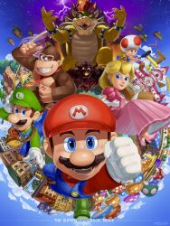 1girl 5boys armlet blonde_hair blue_eyes blue_overalls bowser bracelet castle cityscape collared_shirt copyright_notice crown donkey_kong donkey_kong_(series) dress earrings elbow_gloves facial_hair furry gloves green_headwear green_shirt hat high_heels highres holding holding_pan horns jewelry long_hair looking_at_viewer luigi mario mario_(series) multiple_boys multiple_views mustache necktie nintendo open_mouth overalls pink_dress princess_peach princess_peach&#039;s_castle puffy_short_sleeves puffy_sleeves rainbow red_headwear red_necktie red_shirt sharp_teeth shirt shoes short_sleeves sphere_earrings spiked_armlet spiked_bracelet spiked_shell spikes teeth the_super_mario_bros._movie toad_(mario) warp_pipe white_gloves yuuma_rimi