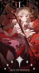 Rule 34 | 1girl, :o, absurdres, ace of wands (tarot), ahoge, arknights, black thighhighs, blonde hair, card (medium), character request, check character, chinese commentary, commentary, dress, eyjafjalla (arknights), feet out of frame, floating hair, goat girl, gradient background, highres, holding, holding staff, horns, kotatsu kaya, long hair, long sleeves, looking at viewer, mask, mask around neck, parted lips, purple dress, red background, red eyes, solo, staff, tarot, thighhighs, torn clothes, torn dress