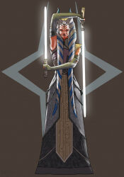 1girl alien blue_eyes colored_skin dress dual_wielding elbow_gloves energy_sword facial_mark fingerless_gloves gloves grey_dress grey_gloves highres holding holding_sword holding_weapon kjara-draws lekku_(anatomy) lightsaber long_dress looking_at_viewer orange_skin star_wars sword togruta weapon white_lightsaber
