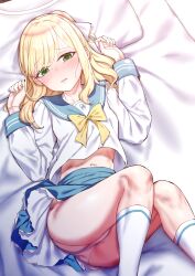 013_(hamsasuke) 1girl bed_sheet blonde_hair blue_archive blue_sailor_collar blue_skirt blush bow bowtie from_above green_eyes halo highres kneehighs long_hair long_sleeves looking_at_viewer lying navel on_back open_mouth panties pink_panties sailor_collar shirt skirt socks solo trinity_student_(blue_archive) underwear white_halo white_shirt white_socks yellow_bow yellow_bowtie