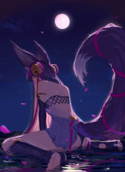 1girl absurdres animal_ears artist_name ass back bell erune fikkyun from_behind full_moon granblue_fantasy hair_bell hair_ornament highres long_hair looking_at_viewer moon night night_sky petals sitting sky soles solo star_(sky) starry_sky tail toes water yuel_(granblue_fantasy) yuel_(water)_(granblue_fantasy)