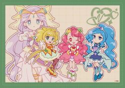 Rule 34 | 4girls, absurdly long hair, animal, ankle bow, ankle ribbon, aqua border, aqua skirt, aqua socks, ascot, asymmetrical bangs, back bow, beads, bird, black shirt, blonde hair, blue boots, blue dress, blue eyes, blue hair, blue theme, blue vest, blunt bangs, boots, border, bow, bowtie, bright pupils, brooch, brown background, choker, circlet, clenched hand, closed mouth, coattails, collared vest, commentary, cure earth, cure fontaine, cure grace, cure sparkle, deformed, dot nose, dotted line, dress, earrings, eyelashes, flats, floating, flower, flower choker, footwear bow, frilled dress, frilled sleeves, frilled thighhighs, frilled vest, frills, full body, fuurin asumi, gloves, gold anklet, green border, green bow, green eyes, grey thighhighs, grid background, hair beads, hair flower, hair ornament, hanadera nodoka, hand on own hip, hand on own shoulder, hand up, happy, healin&#039; good precure, heart, heart hair ornament, heart print, high heel boots, high heels, highres, hiramitsu hinata, jewelry, kneehighs, lapels, leaf earrings, leaf hair ornament, long dress, long hair, long skirt, looking at viewer, magical girl, medium hair, miniskirt, multiple girls, notched lapels, one eye closed, open clothes, open mouth, open vest, orange bow, orange bowtie, outline, parted lips, petticoat, pink background, pink dress, pink eyes, pink hair, pink theme, pom pom (clothes), pom pom earrings, ponytail, precure, puffy short sleeves, puffy sleeves, pumps, purple dress, purple hair, purple shoes, red choker, red flower, red rose, ribbon, rose, sawaizumi chiyu, shirt, shoes, short dress, short sleeves, showgirl skirt, side slit, signature, skirt, smile, socks, sphere earrings, standing, straight-on, swept bangs, tareme, teeth, thighhighs, tiara, upper teeth only, uwded 207, very long hair, vest, waving, wavy hair, white boots, white gloves, white outline, white pupils, white sleeves, white vest, wing hair ornament, yellow ascot, yellow bow, yellow choker, yellow flower, yellow shoes, yellow vest, zoom layer