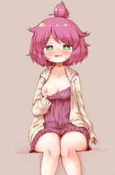 1girl arinu bare_legs benimo-chan blush breasts bright_pupils collarbone female_focus green_eyes grey_background highres hood hooded_jacket jacket legs_together long_sleeves looking_at_viewer medium_breasts naughty_face nightgown nipples no_bra one_breast_out open_mouth original pulling_own_clothes purple_hair purple_nightgown simple_background sitting sleeves_past_wrists smile solo sweat topknot white_pupils