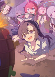 Rule 34 | 6+girls, absurdres, applepie (12711019), black hair, blue archive, blue eyes, blue halo, breasts, chihiro (blue archive), chihiro (pajamas) (blue archive), cleavage, closed eyes, closed mouth, commentary, fang, grey hair, halo, hare (blue archive), hare (pajamas) (blue archive), highres, indoors, koyuki (blue archive), koyuki (pajamas) (blue archive), large breasts, long hair, lying, maki (blue archive), maki (pajamas) (blue archive), multiple girls, noa (blue archive), noa (pajamas) (blue archive), official alternate costume, on stomach, open mouth, pajamas, pink hair, pink halo, purple eyes, red hair, red halo, sleeping, sleepover, white hair, yuuka (blue archive), yuuka (pajamas) (blue archive)