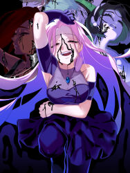 2boys 3girls absurdres alien_stage arm_across_waist arm_up armpit_cutout black_blood black_dress black_gloves black_hair blood blood_on_chest blood_on_face blue_hair brown_hair closed_eyes clothing_cutout commentary dark-skinned_female dark_skin dress earrings english_commentary gloves gradient_hair grey_hair hairband highres hyuna_(alien_stage) jewelry long_hair mizi_(alien_stage) multicolored_hair multiple_boys multiple_girls onemu_0928 open_mouth pearl_earrings pink_hair short_hair short_sleeves shoulder_cutout smile sua_(alien_stage) till_(alien_stage) two-tone_hair white_hairband
