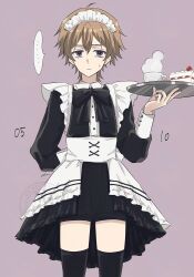 ... 1boy apron arms_behind_back black_bow black_bowtie black_dress black_thighhighs bow bowtie brown_hair cake cake_slice closed_mouth cowboy_shot crossdressing crossdressing_(mtf) cup dress food highres holding holding_tray maid maid_headdress male_focus ohuman oliver_fog purple_background purple_eyes reverse:1999 short_dress short_hair solo speech_bubble spoken_ellipsis sweat thighhighs tray waist_apron watermark white_apron zettai_ryouiki