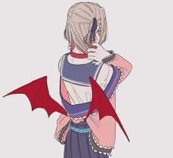 1girl blue_sailor_collar blue_skirt brown_hair colored_inner_hair demon_wings from_behind hair_ribbon highres jacket kamatama_rom long_hair low_wings makaino_ririmu makaino_ririmu_(4th_costume) miniskirt multicolored_hair nijisanji pink_hair pink_jacket pleated_skirt pointy_ears ribbon sailor_collar school_uniform serafuku shirt simple_background skirt solo two-tone_hair two_side_up upper_body virtual_youtuber white_shirt wings