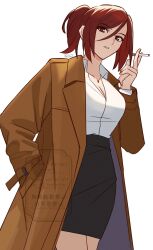 Rule 34 | aozaki touko, black dress, breasts, cigarette, coat, dress, hand in pocket, highres, jewelry, kara no kyoukai, large breasts, long sleeves, looking at viewer, necklace, office lady, red eyes, red hair, shintyoi2, shirt, simple background, smoke, smoking, trench coat, white shirt