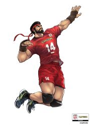 1boy absurdres artist_request black_hair commentary_request company_name headband highres knee_pads male_focus muscular muscular_male official_art red_headband ryu_(street_fighter) short_hair simple_background solo sportswear street_fighter street_fighter_6 volleyball_uniform white_background