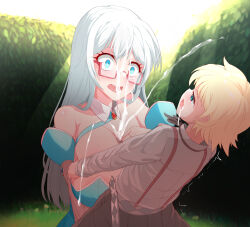 1boy 1girl age_difference blonde_hair blue_eyes blush breasts censored clothed_sex cum eleonore_bonnefoi farma_de_medicis grabbing_another&#039;s_breast groping highres huge_breasts isekai_yakkyoku long_hair looking_at_viewer mosaic_censoring open_mouth paizuri pt saliva saliva_trail short_hair shota size_difference surprised white_hair
