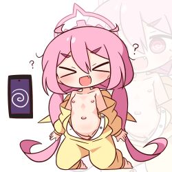 &gt;_&lt; 1girl :d ? bare_shoulders barefoot blue_archive blush breasts collarbone commentary_request facing_viewer fang full_body halo hana_kazari highres hypnosis kneeling koyuki_(blue_archive) koyuki_(pajamas)_(blue_archive) long_hair long_sleeves mind_control navel nipples open_mouth open_pajamas pajamas pink_hair pink_halo pussy small_breasts smile solo thick_eyebrows twintails xd zoom_layer