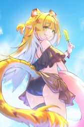 1girl absurdres animal_ear_fluff animal_ears ass bikini black_bikini blonde_hair blue_sky blush chinese_commentary closed_mouth cloud colored_inner_hair commentary commentary_request day english_commentary fang feet_out_of_frame food food_on_face from_side green_eyes half_updo highres holding holding_food holding_popsicle huge_filesize innertube ju_fufu ky_dako loli long_hair looking_at_viewer melting_popsicle mixed-language_commentary multicolored_hair outdoors popsicle skin_fang sky solo standing swim_ring swimsuit tail thigh_strap tiger_ears tiger_girl tiger_tail turning_head two-tone_hair very_long_hair water_drop wet white_hair zenless_zone_zero