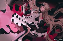 Rule 34 | 1girl, absurdres, asymmetrical legwear, black thighhighs, black veil, blonde hair, bow, breasts, detached sleeves, dress, dress flower, dutch angle, elbow gloves, feet out of frame, flower, frilled dress, frills, gloves, grey background, hair bow, head tilt, highres, holding, holding own hair, long hair, looking at viewer, mismatched legwear, nijisanji, nijisanji en, official alternate costume, puffy short sleeves, puffy sleeves, red eyes, red veil, reimu endou, reimu endou (2nd costume), short sleeves, shrug (clothing), single bare shoulder, single sleeve, small breasts, strapless, strapless dress, thighhighs, two-sided fabric, two-sided veil, veil, very long hair, virtual youtuber, watermark, weibo watermark, white dress, white gloves, white thighhighs, wispy bangs, yaqing