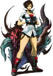 Rule 34 | 1girl, absurdres, breasts, brown eyes, brown hair, cleavage, clenched hands, denim, denim shorts, frown, full body, highres, jbstyle, kazama asuka, looking at viewer, non-web source, official art, parted lips, popped collar, shirt, short hair, short shorts, short sleeves, shorts, sleeves rolled up, solo, tekken, tekken 7, v-shaped eyebrows, white shirt
