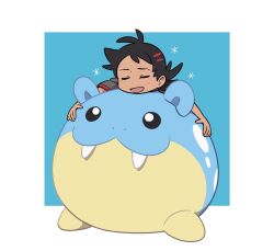 1boy :d antenna_hair black_hair border closed_eyes commentary_request gen_3_pokemon goh_(pokemon) grey_shirt happy hug light_blush male_focus nintendo open_mouth pokemon pokemon_(anime) pokemon_(creature) pokemon_journeys shirt short_sleeves shuan_0420 smile spheal white_border