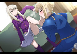 2girls age_difference artoria_pendragon_(fate) barefoot blonde_hair blue_dress blush boots braid braided_bun closed_eyes couch dress fate/stay_night fate_(series) feet hair_bun highres higuhigu2 illyasviel_von_einzbern kneeling legs licking licking_foot long_hair multiple_girls on_couch purple_boots purple_dress saber_(fate) saliva short_hair toe_sucking yellow_eyes yuri