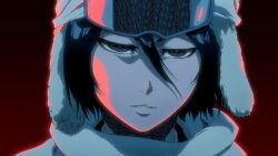 Rule 34 | 1girl, 2023, anime screenshot, black hair, bleach, bleach: sennen kessen-hen, close-up, clothes, eyelashes, female focus, fur hat, goggles, goggles on head, hair between eyes, half-closed eyes, hat, headgear, kuchiki rukia, looking at viewer, parted lips, red background, serious, short hair, simple background, solo, solo focus, studio pierrot