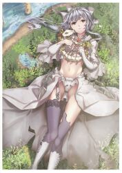 1girl black_thighhighs boots bow debuff999 flower grass grey_eyes hair_bow harp highres holding holding_instrument instrument lingerie long_sleeves looking_at_viewer lying on_back on_grass open_mouth panties parted_lips red_flower red_rose river rose short_hair single_sidelock sinoalice skirt snow_white_(sinoalice) thighhighs tiara torn_clothes torn_thighhighs underwear white_boots white_bow white_hair white_panties