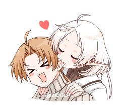 &gt;_&lt; 1boy 1girl artist_name biting biting_ear blonde_hair blush_stickers elf hair_ornament hair_scrunchie heart hetero highres husband_and_wife interspecies long_hair mushoku_tensei open_mouth pointy_ears ponytail rudeus_greyrat scrunchie sdd13lr smile sylphiette_(mushoku_tensei) twitter_username white_hair