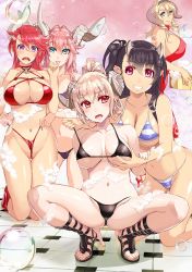 5girls :p absurdres asmodeus_(sin_nanatsu_no_taizai) asmodeus_(the_seven_deadly_sins) bikini black_bikini black_hair black_hairband blonde_hair blue_eyes demon_girl demon_horns dress feet foam frontal_wedgie giving_wedgie gladiator_sandals grabbing_another&#039;s_breast groping hairband highres horns leviathan_(the_seven_deadly_sins) lucifer_(sin_nanatsu_no_taizai) lucifer_(the_seven_deadly_sins) mammon_(sin_nanatsu_no_taizai) mammon_(the_seven_deadly_sins) mature_female multiple_girls navel nishii_(damnedrive) official_art orange_eyes pink_hair pointy_ears purple_eyes red_bikini red_dress red_eyes red_hair sandals satan_(sin_nanatsu_no_taizai) satan_(the_seven_deadly_sins) sin_nanatsu_no_taizai smile soap_bubbles squatting striped_bikini striped_clothes swimsuit the_seven_deadly_sins toeless_legwear toes tongue tongue_out wedgie yuri
