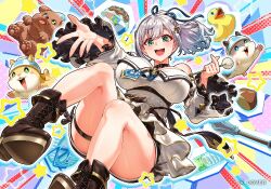 Rule 34 | 1girl, :d, ankle boots, black shorts, blue necktie, blue ribbon, boots, breasts, brown boots, buru-dai, commentary request, copyright notice, cotton swab, dan&#039;in-san (shirogane noel), double-parted bangs, fleur-de-lis, fold-over boots, frilled sleeves, frills, full body, green eyes, grey hair, hair ribbon, high heel boots, high heels, holding, holding cotton swab, hololive, large breasts, long hair, looking at viewer, mace, necktie, off-shoulder shirt, off shoulder, official alternate costume, official alternate hairstyle, official art, open mouth, ponytail, ribbon, shirogane noel, shirogane noel (5th costume), shirt, short hair, short necktie, short shorts, shorts, smile, solo, teeth, thigh strap, upper teeth only, virtual youtuber, weapon, white shirt, white sleeves, wide sleeves