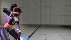 2girls 3d animated ass black_jacket black_pants brown_eyes brown_hair capcom chun-li cropped_jacket dancing fatal_fury fatal_fury:_city_of_the_wolves female_focus game_screenshot hand_fan holding holding_fan jacket leather leather_jacket leather_pants matching_hair/eyes midriff multiple_girls navel pants shiranui_mai smile snk solo_focus street_fighter street_fighter_6 tagme video