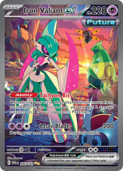 akikan_(kantaro) arm_blade artist_name black_sclera blue_eyes card_(medium) character_name closed_mouth cloud colored_sclera company_name copyright_name copyright_notice english_text floating green_eyes iron_bundle iron_moth iron_thorns iron_valiant lens_flare nintendo non-humanoid_robot official_art orange_eyes outdoors pink_eyes pixel_eyes pokemon pokemon_(creature) pokemon_card pokemon_focus pokemon_tcg robot sky standing sun third-party_source trading_card v-shaped_eyes weapon