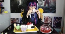 1girl animated animated_gif blue_eyes blue_hair cake cosplay eating female_focus food holding huge_filesize lana_rain manyvids matching_hair/eyes multicolored_hair mv_productions necktie panty_&amp;_stocking_with_garterbelt pastry photo_(medium) pink_hair school_uniform self-upload skirt solo stocking_(psg) stocking_(psg)_(cosplay) tea