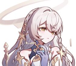 Rule 34 | 1girl, bare shoulders, braid, bright pupils, closed mouth, colored extremities, dress, eyeshadow, genshin impact, gold, hair between eyes, hair ornament, halo, highres, index finger raised, istaroth (genshin impact), jewelry, long hair, makeup, multiple rings, purple hands, ring, sikaku, simple background, solo, star (symbol), upper body, very long hair, white background, white dress, white hair, white pupils, yellow eyes, yellow eyeshadow