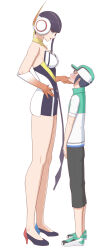 Rule 34 | 1boy, 1girl, age difference, blush, elesa (pokemon), elesa (sygna suit) (pokemon), eye contact, full body, looking at another, mizuno (pixiv31352320), nintendo, pokemon, pokemon masters ex, scottie (pokemon), simple background, size difference, white background