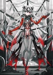 1girl android arthropod_girl arthropod_limbs bare_shoulders black_panties blunt_ends breasts closed_mouth coat colored_extremities colored_skin cross-laced_clothes doll_joints double_bun expressionless extra_legs fate/grand_order fate_(series) full_body game_cg gradient_hair green_eyes grey_background grey_coat grey_hair grey_skin hair_between_eyes hair_bun hair_ornament hand_up head_tilt heterochromia insect_girl joints kashin_koji_(fate) kashin_koji_(third_ascension)_(fate) leg_up long_coat long_hair long_sidelocks multicolored_hair multicolored_skin navel neck_ruff official_art outstretched_arms panties platform_shoes red_eyes red_hair red_shoes red_skin revealing_clothes shoes sidelocks small_breasts solo spider_girl third-party_source underwear variant_set very_long_hair very_long_sidelocks white_hair yoneyama_mai
