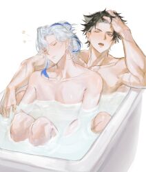 2boys absurdres asymmetrical_bangs bath bathtub black_hair blue_eyes blue_hair blush closed_eyes closed_mouth collarbone colored_inner_hair completely_nude front-to-back genshin_impact grey_hair hair_between_eyes highres knees_to_chest long_hair looking_at_another male_focus matuka10101 multicolored_hair multiple_boys muscular muscular_male neuvillette_(genshin_impact) nude one_eye_closed open_mouth partially_submerged pectorals scar scar_on_arm shared_bathing short_hair simple_background sitting streaked_hair teeth toned toned_male tongue upper_teeth_only water wet white_background white_hair wriothesley_(genshin_impact) yaoi