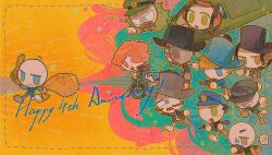 Rule 34 | 1girl, 6+boys, :d, aircraft, anger vein, antenna hair, aqua outline, bag, bald, baseball cap, black hair, black hat, black jacket, blank eyes, blonde hair, blue background, blue eyes, blue hat, blue hoodie, blue jacket, burt curtis, chain, chain necklace, charles calvin, chibi, chibi only, chinese commentary, clothes writing, colored skin, commentary request, cup, dave panpa, dmitri johannes petrov, ellie rose, facial hair, film grain, flying sweatdrops, full body, gold necklace, green eyes, grey eyes, grey facial hair, grey hat, grey jacket, grey necktie, grin, gun, halftone, halftone background, handgun, happy anniversary, hat, headphones, headset, helicopter, henry stickmin, henry stickmin (series), highres, holding, holding bag, holding cup, holding gun, holding weapon, hood, hood down, hoodie, hubert galeforce, inset border, jacket, jewelry, jitome, long sleeves, looking at another, looking at viewer, money bag, motor vehicle, motorcycle, muchuizzzzz, multiple boys, mustache, necklace, necktie, no mouth, o o, on motorcycle, open clothes, open jacket, open mouth, orange background, orange eyes, outline, pink background, pointing, pointing at another, police hat, red eyes, red hair, reginald copperbottom, rifle, right hand man, running, rupert price, shirt, short hair, sideways mouth, simple background, smile, sparkle, spoken anger vein, sven svensson, top hat, turn pale, weapon, white shirt, white skin, yellow outline, zoom layer