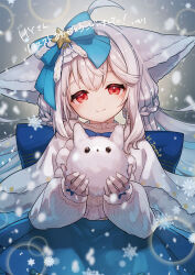 1girl ahoge animal animal_ear_fluff animal_ears back_bow bell bib blue_bow blue_dress bow bowtie capelet closed_mouth collar commission dress fox_ears fox_girl fox_tail frilled_collar frilled_dress frills fur-trimmed_capelet fur-trimmed_dress fur-trimmed_gloves fur_trim gloves hair_between_eyes hair_bow hair_ornament hair_scrunchie high_collar highres holding holding_animal large_bow large_ears large_tail layered_dress long_hair long_sleeves looking_at_viewer low_twintails mori_morii original print_dress puffy_long_sleeves puffy_sleeves red_eyes sakurada_shiro_(hy_plus) sakurada_shiro_(winter)_(hy_plus) scrunchie skeb_commission smile solo star_ornament straight-on striped_clothes striped_dress tail thank_you twintails upper_body vertical-striped_sleeves very_long_hair white_capelet white_footwear white_gloves white_hair white_sleeves winter_clothes