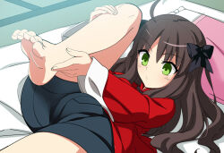 1girl ahoge arima_miyako barefoot black_shorts blush bow breasts brown_hair chinese_clothes fuu_(koneko_no_yomeiri) green_eyes hair_bow long_hair long_sleeves melty_blood shorts small_breasts solo tsukihime
