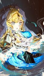 Rule 34 | 1girl, :o, bandaged hand, bandages, black background, blonde hair, blue eyes, conch, dress, hands up, highres, holding, holding shell, long hair, looking at object, lorelei (reverse:1999), reverse:1999, seventeen meimi, shell, solo, upper body, veil, water, white dress, white veil
