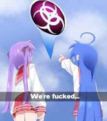 Rule 34 | 2girls, absurdres, ahoge, biohazard symbol, blue hair, bow, cloud, cloudy sky, commentary request, english text, from behind, gameplay mechanics, hair bow, highres, hiiragi kagami, huge ahoge, izumi konata, long hair, lucky star, meme, mixed-language commentary, mole, mole on cheek, multiple girls, multiple hair bows, panties, papyopyo, plague inc., pleated skirt, pointing, pointing at object, purple hair, red sailor collar, red skirt, ryouou school uniform, sailor collar, school uniform, serafuku, skirt, sky, twintails, underwear, very long hair, white panties