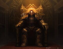 1boy aquila_(symbol) armor armored_boots artist_name bird black_background black_hair boots breastplate brown_background claw_(weapon) closed_eyes closed_mouth commentary dark_background deviantart_logo deviantart_username eagle eagle_head_(ornament) emperor_of_mankind english_commentary faulds full_armor gauntlets gem gold_armor gradient_background greaves halo highres imperial_aquila instagram_logo instagram_username laurel_crown laurels lightning_claw lion_head_(ornament) long_hair male_focus ornate ornate_armor parted_hair pauldrons power_armor realistic red_carpet red_gemstone shield_print shoulder_armor simple_background sitting sitting_on_throne solo thefearmaster throne_room twitter_logo twitter_username vambraces warhammer_40k watermark weapon web_address yellow_halo