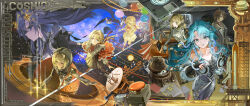 Rule 34 | 1boy, 4girls, :o, absurdres, apron, astronaut, bare shoulders, black dress, blonde hair, blue eyes, blue hair, border, bow, bowtie, braid, braided bangs, brown dress, brown hair, cloak, coat, colored inner hair, computer, couch, desk, ding (vessel), dress, feet out of frame, floating hair, from above, full body, galaxy, gloves, green eyes, grey coat, hair intakes, hair ornament, han zhang (reverse:1999), hand up, helmet, highres, hissabeth, indoors, jacket, juliet sleeves, kiperina, long hair, long sleeves, looking at viewer, looking up, low ponytail, mark under eye, multicolored hair, multiple girls, multiple views, name day (reverse:1999), neckerchief, newt, off shoulder, office, orbital path, ornate border, pencil dress, planet, pointer (reverse:1999), ponytail, profile, puffy short sleeves, puffy sleeves, purple eyes, red bow, red bowtie, red cloak, red neckerchief, red pupils, red shoes, reverse:1999, robot ears, salamander, school uniform, shoes, short hair, short sleeves, silver dress, sleeveless, sleeveless dress, slit pupils, smile, snake, snake on head, soviet school uniform, space, space helmet, spacesuit, standing, star (sky), star (symbol), star hair ornament, starry sky background, tightrope, upper body, veerinly, very long hair, voyager (reverse:1999), voyager golden record, voyager probe, walking, white apron, white coat, white dress, white jacket, yellow eyes, yellow gloves