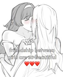 2girls astra_yao blush camisole commentary english_commentary english_text evelyn_chevalier greyscale hairband hand_on_another&#039;s_waist heart highres kiss long_hair monochrome multiple_girls sitting sitting_on_lap sitting_on_person soupowuahq spot_color strap_slip yuri zenless_zone_zero