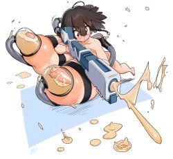 Rule 34 | 1girl, absurdres, ahoge, aiming, blush, braid, breasts, brown hair, collarbone, excessive lactation, foreshortening, functionally nude, gigantic breasts, gun, hair between eyes, highres, huge areolae, huge nipples, lactation, medium hair, milk gun, milking machine, motion lines, narita (naze), naze, original, parted lips, projectile lactation, red eyes, running, signature, solo, weapon