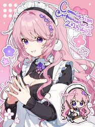 Rule 34 | 1girl, 2025, breasts, chibi, cleavage, commission, dated, english text, fingernails, grin, highres, multiple views, original, orphaneater io, own hands together, pink hair, purple eyes, purple nails, smile, solo, teeth, twitter username
