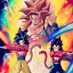 aura black_hair blue_eyes brown_fur brown_hair dragon_ball dragon_ball_gt energy fusion fusion_dance gogeta green_eyes highres looking_at_viewer muscular muscular_male red_fur red_hair son_goku super_saiyan super_saiyan_4 tagme tail vegeta yellow_eyes