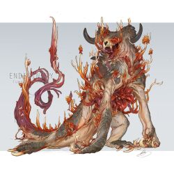 alternate_form animal_focus artist_name claws commentary curled_horns deathclaw endivinity english_commentary facing_viewer fallout fangs full_body fungi grey_background growing_out_of_body highres horns material_growth monster mushroom no_eyes no_humans open_mouth original overgrown plant scales signature simple_background solo tail tongue tongue_out two-tone_background watermark zombie