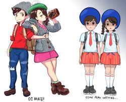 2boys 2girls alcohol blue_headwear blue_shirt bob_cut bottle braid breast_pocket brown_eyes brown_hair cable_knit cardigan collared_shirt denim dress english_text florian_(pokemon) game_freak gloria_(pokemon) grady_sisters_(the_shining) green_headwear grey_cardigan grey_headwear hat holding holding_bottle hood hooded_cardigan jeans juliana_(pokemon) multiple_boys multiple_girls necktie nintendo orange_necktie pants pink_dress pocket pokemon pokemon_sv pokemon_swsh profitshame red_necktie red_shirt red_shorts shaded_face shirt short_hair shorts side_braid single_braid sleeves_rolled_up socks striped_clothes striped_shorts striped_socks swept_bangs tam_o&#039;_shanter the_shining torn_clothes torn_jeans torn_pants vertical-striped_clothes vertical-striped_shorts victor_(pokemon)