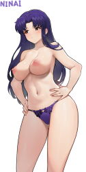 1girl absurdres artist_name blush breasts brown_eyes commentary female_focus hand_on_own_hip highres katsuragi_misato large_breasts lingerie long_hair looking_to_the_side navel neon_genesis_evangelion ninai nipples panties purple_hair purple_panties simple_background solo standing stomach thighs topless_female underwear underwear_only variant_set white_background